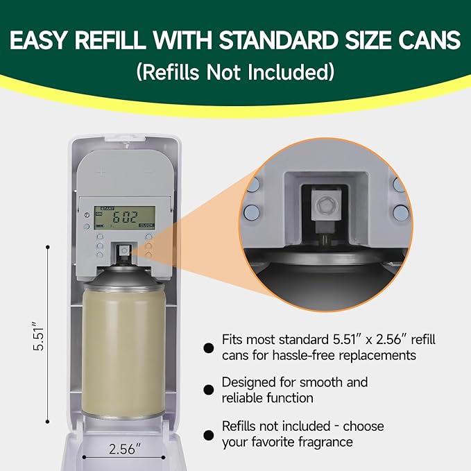 Automatic LCD Air Freshener Dispenser Wall Mount or Free Standing Programmable Spray for Bathroom Home Office Hotel Commercial Use Compatible with Glade Refills White
