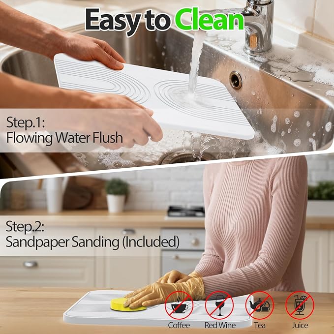 2 PCS Stone Dish Drying Mat ＆ Silicone Mat for Kitchen Counter – Diatomaceous Earth Bath Mat for Bathroom 16.14L×12.4W×2 Quick Dry Mats for Dishes Bottles Cups Match Any Countertop(White)