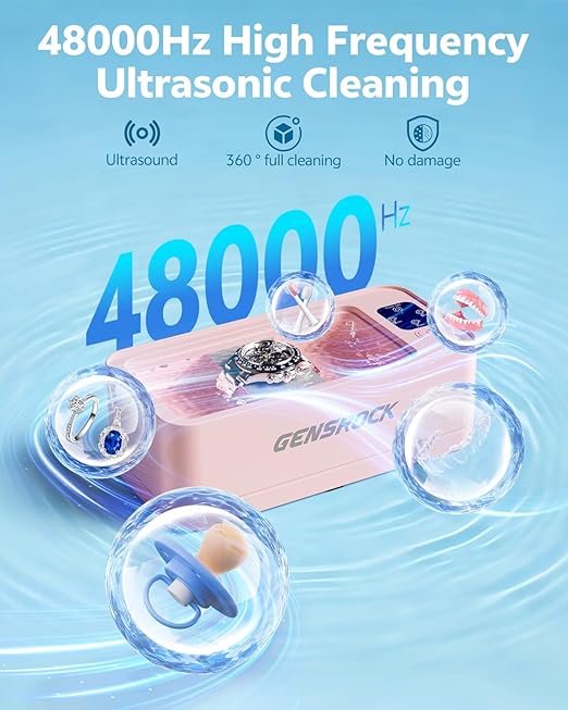 GENGROCK Ultrasonic Jewelry Cleaner Machine 48kHz Sonic Cleaner 3 Modes Deep Cleaning 360ML Food Grade Tank 45dB Quiet for Jewelry Rings Gold Silver Glasses Dentures(Pink)