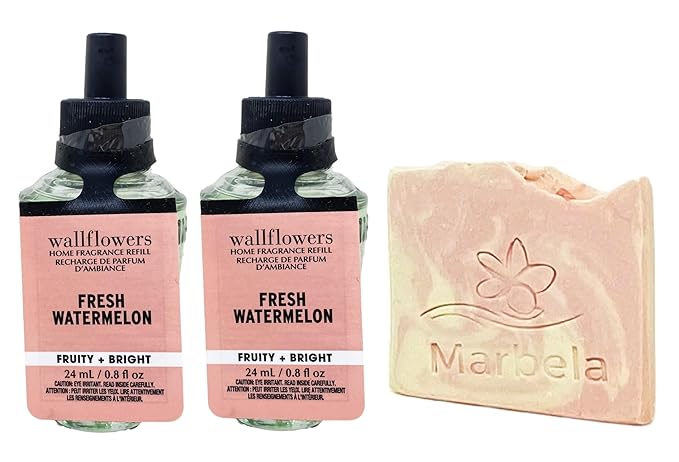 Bath &amp Body Works Fresh Watermelon Wallflowers Fragrance Refill 2 Pack with a Himalayan Salts Springs Sample Soap.