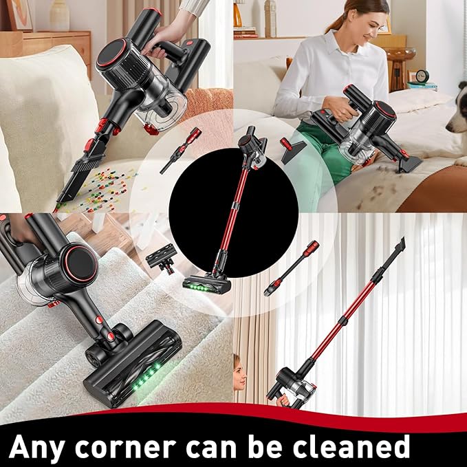 Cordless Vacuum Cleaner 45KPA 8-in-1 Vacuum Cleaners for Home 45Mins Runtime Anti-Tangle Stick Vacuum with LED Display Rechargeable Lightweight Vacuum for Pet Hair/Carpet/Floor (Red)