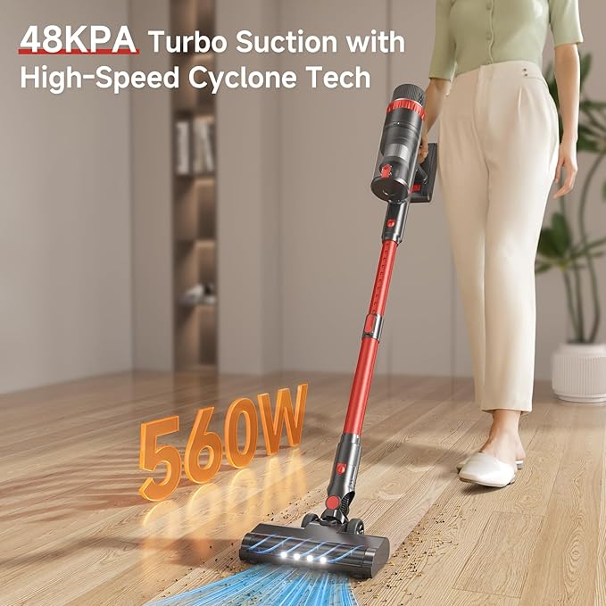 Cordless Vacuum Cleaner 560W/48KPa/70Mins Vacuum Cleaners for HomeSelf-Standing Stick Vacuum with Smart Touch ScreenRechargeable Lightweight Vacuum for Pet HairCarpets Hard Floors