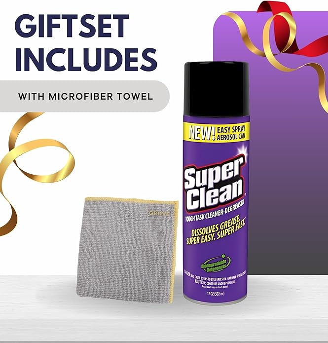 Super Clean Citrus Scent Cleaner and Degreaser Spray 17 oz Bundle with Microfiber Cloth - Heavy Duty Degreaser for Kitchen Oil Grime and Dirt Removal - (3 Items)