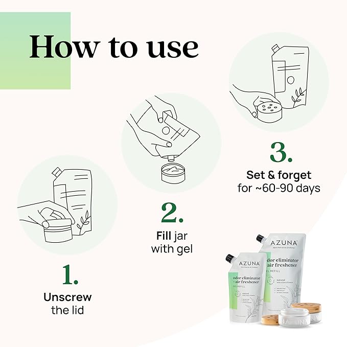 Azuna Air Freshener &amp Odor Eliminator for Strong Odor | 4 Room Kit Includes (4) 8 oz. Empty Luxe Glass Jars &amp 24oz Gel | Refill with Tea Tree Essential Oil | Natural Scent | Last 60-90 Days