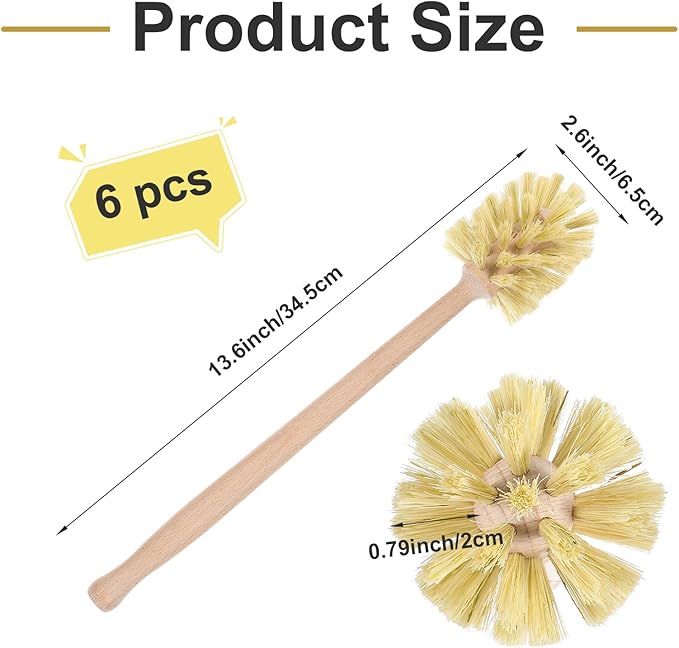 6 Pcs Natural Wood Dish Scrub Brush with Long Beechwood Handle Bristles for Cleaning Bottles Mugs Jars Glasses Dishes Vases Pitchers 13.6 x 2.6 Inches