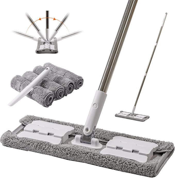 Premium 360° Microfiber Wet Mop for Floor Cleaning 4 Heavy Duty Reusable Microfiber Pads Adjustable Height and Sturdy Steel Hardware Vinyl Tile Laminate and Hardwood Floor Mop Cleaner