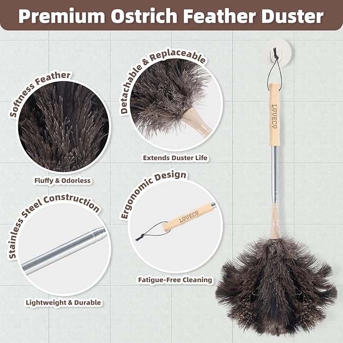 Ostrich Feather Dusters for Cleaning Kit - Reusable Soft Feather Duster Extendable to 49 inches for Cleaning Ceiling Fan High Ceiling Blinds &amp Retractable Small Duster for Keyboard Car