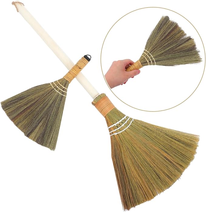 Cabilock Handmade Soft Bristle Broom Set 2pcs Detachable Natural Grass Dust Sweeping Tool for Indoor Cleaning for Living Room and Home Dust Removal