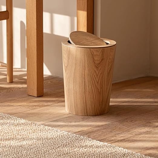 Kitchen Trash Can Simple Wooden Trash Can 8L Wood Grain Round Creative Household With Lid Flip Lid Decorative Garbage Bin Wastebasket Waste Basket(Bent willow color)