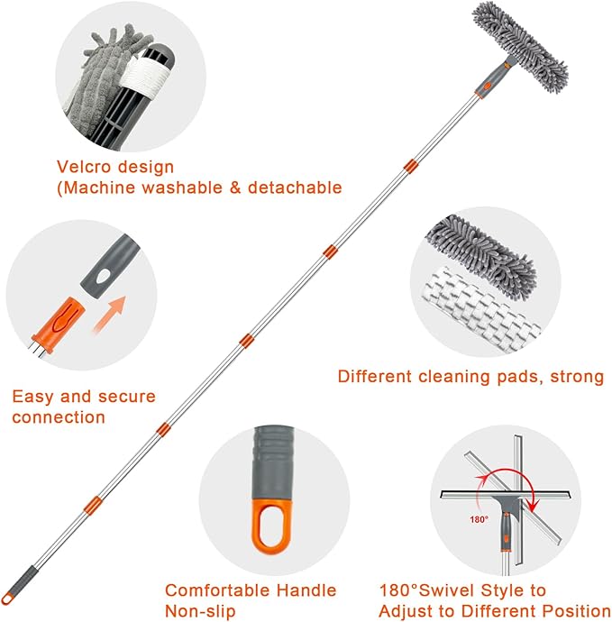 BITOPE Window Cleaner Tool Squeegee for Window Cleaning with 86 Extendable Pole Microfiber &amp Chenille Pad Squeegy for Exterior High Window Shower Door Glass Car RVs