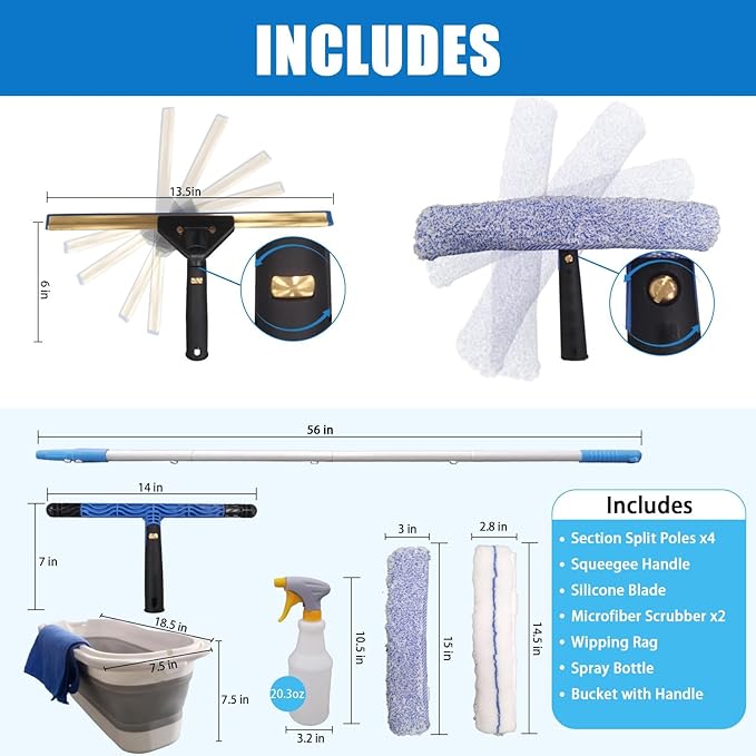 Pro Window Cleaning Kit with Storage Bucket with 4 13 inch Extension Rods Scrubber Spray Bottle Rag and Scraper with Rotating Head - Car/Home Glass Cleaning System