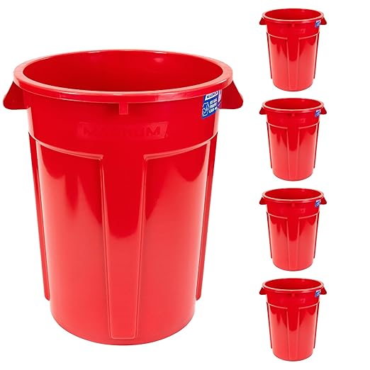Magnum 55 Gallon Trash Can High-Vis Red Construction Grade Heavy Duty Plastic Jobsite Ready for Handling and Holding Garbage CMTC-C000-55R05 (5 Pack)