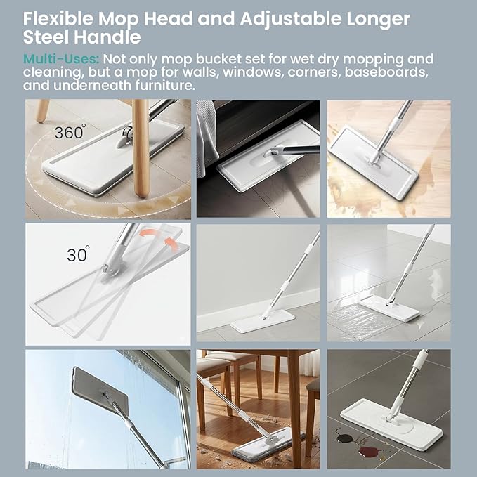 VIMALIFE Mop and Bucket Set with Wringer Self Cleaning Flat Mop and Bucket System 2 Parts Bucket Wash &amp Dry System 360° Rotating 3 Microfiber Pads Included Ideal for Homes Floor &amp Wall Ce