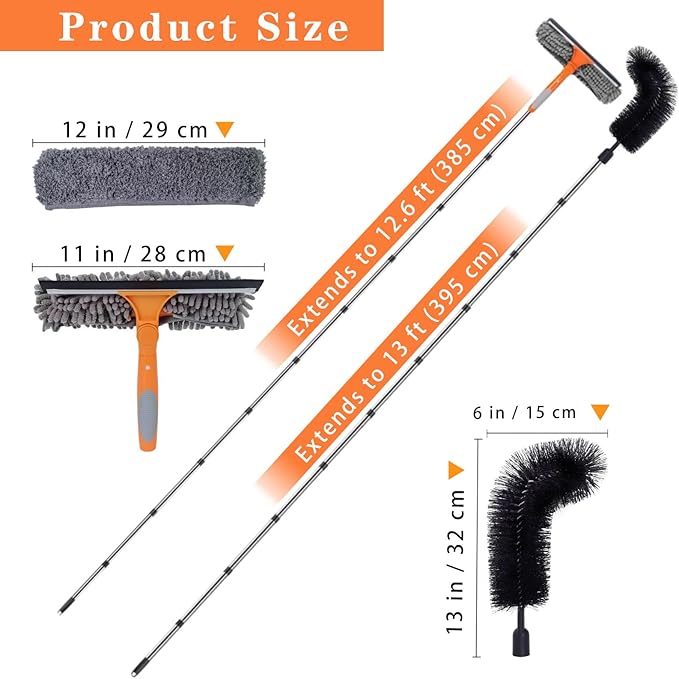 12.5 FT Window Cleaning Kit with 10-Section Extension Pole Silicone Squeegee Window Washer &amp Gutter Cleaning Brush for High Windows Glass Cars &amp Gutters
