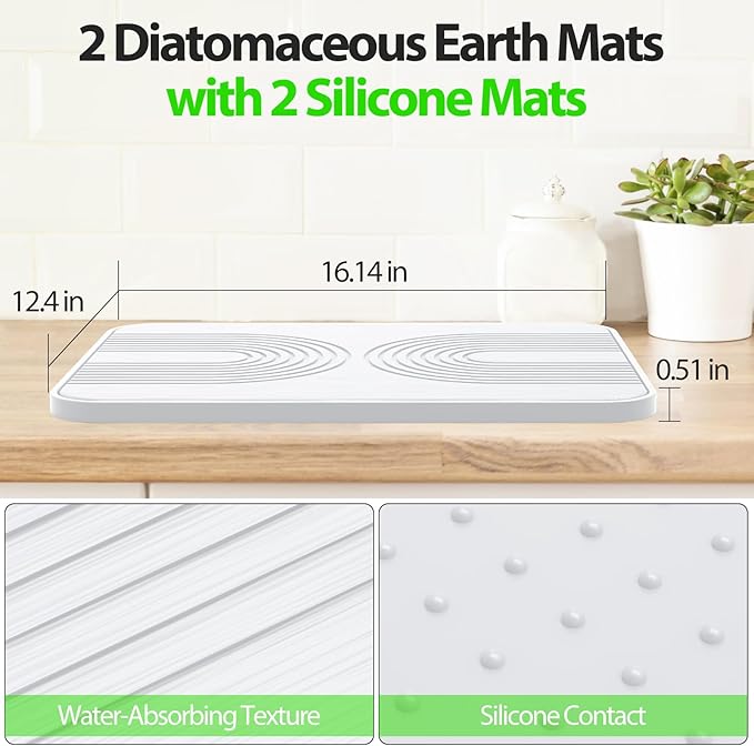 2 PCS Stone Dish Drying Mat ＆ Silicone Mat for Kitchen Counter – Diatomaceous Earth Bath Mat for Bathroom 16.14L×12.4W×2 Quick Dry Mats for Dishes Bottles Cups Match Any Countertop(White)