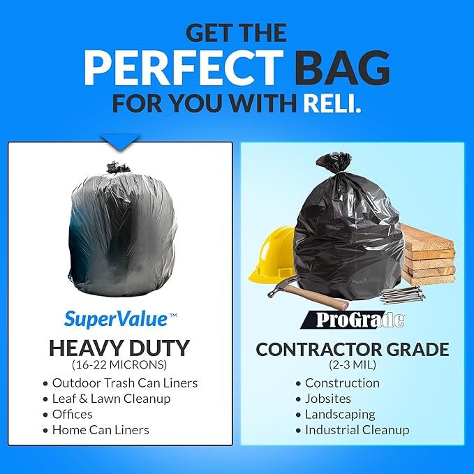 Reli. 55 Gallon Trash Bags Heavy Duty (100 Count) | Black | Twist Ties Included | Extra Tough Leak-Proof Garbage Bags | Ideal for Large Clean Ups
