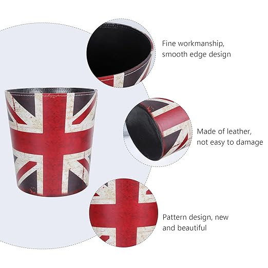 VALICLUD European Style Leather Wastebasket with Union Jack Pattern Large Household Trash Can Open Top Decorative Garbage Bin for Office and Home Storage