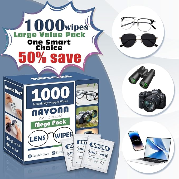 1000 Count Lens Wipes for Eyeglasses – Pre-Moistened Individually Wrapped Eyeglass Cleaning Wipes – Scratch-Free Streak-Free Glasses Cleaner Wipes for Sunglasses &amp Camera Lens – Bulk Pack