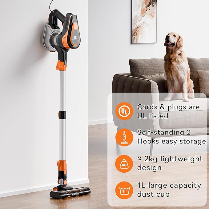 23Ft Corded Vacuum Cleaner 600W Powerful Self-Standing Stick Vacuum for Home with 20Kpa Suction 2 Speeds Lightweight Household Vacuum Cleaner for CarpetHardwood Floors and Pet Hair