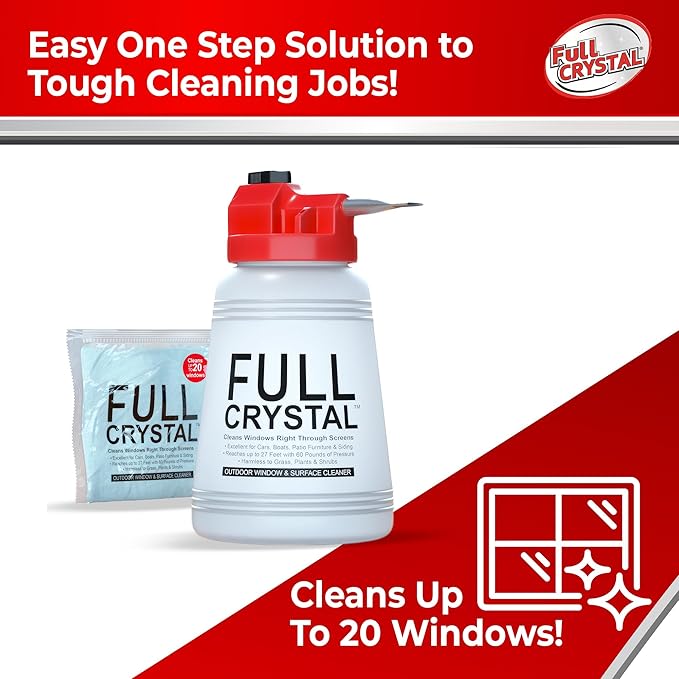 Full Crystal Window Cleaning Kit – 4 oz Glass Cleaner and Bottle with 27 ft Reach Makes Up to 640 fl oz Cleans Up to 20 Windows Scrub-Free Rinse-Free