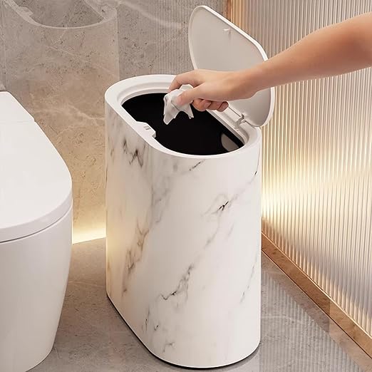 Waste Basket for Bathroom with Lids Plastic Marble Wood Pattern Trash Can Small Garbage Bin with Lid for Bathroom Narrow Waste Basket Modern Waste Basket for Home (White-11.6 * 11.2'')