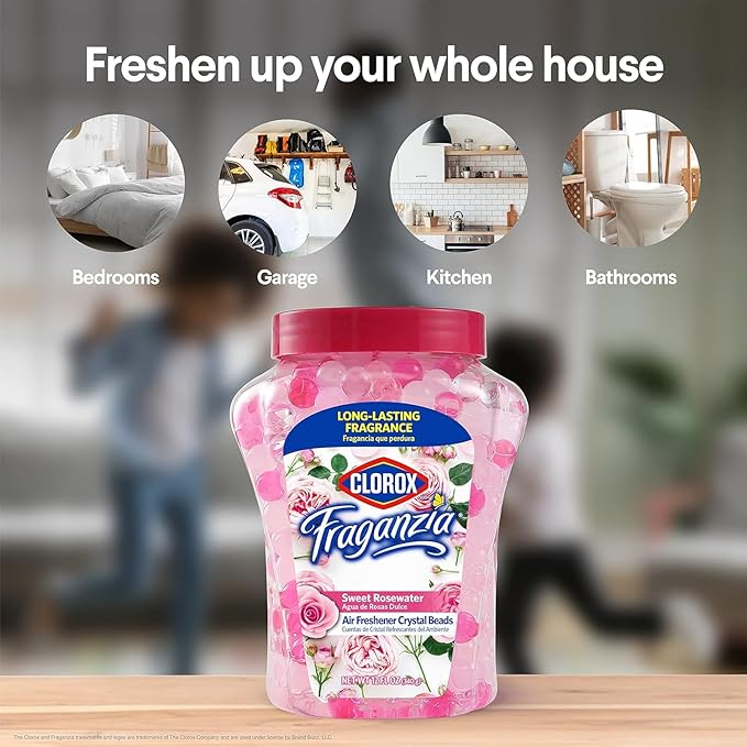 Clorox Fraganzia Crystal Beads Air Freshener Long Lasting Room Deodorizer and Odor Eliminator Gel Beads to Freshen Home Car or Office Sweet Rosewater Scent 12 Fl Oz - 12 Pack