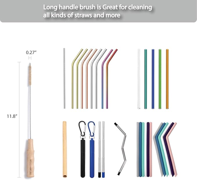 4 Pcs Bamboo Bottle Brush Set by HELLO NATURE – Long Handle Cleaning Brushes for Water Bottles Baby Bottles &amp Glassware Sustainable &amp Plastic-Free