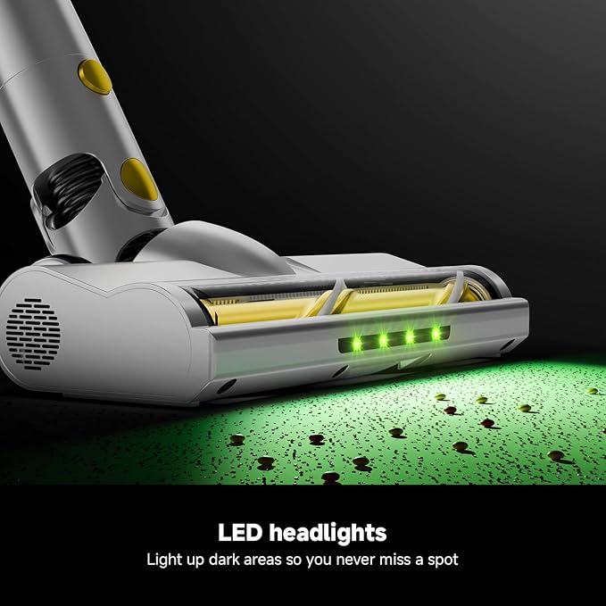 Cordless Vacuum Cleaner for Home Powerful Stick Vacuum with Rechargeable Battery Green Light Anti-Tangle Brush 6-in-1 Lightweight Handheld Vacuum for Pet Hair Hard Floor Carpet Yellow