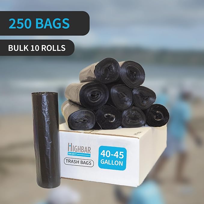 Black Garbage Bags Made in USA 40-45 Gallon Light Duty Durable Unscented High Density Industrial and Commercial Use for Lawn Leaf No Ears No Ties Bulk 250 Count