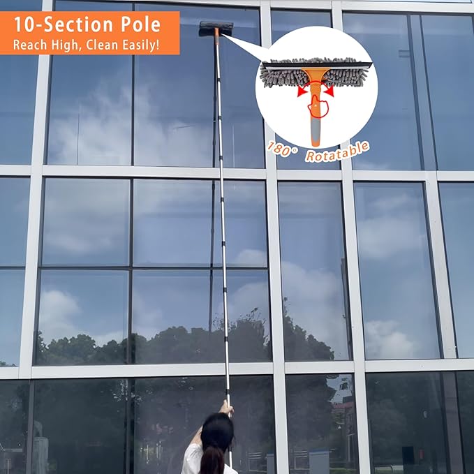 12.5 FT Window Cleaning Kit with 10-Section Extension Pole Silicone Squeegee Window Washer &amp Gutter Cleaning Brush for High Windows Glass Cars &amp Gutters