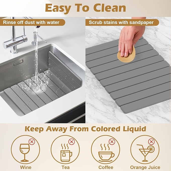 Large Stone Drying Mat for Kitchen Counter with 2 Coasters Stone Dish Drying Mat 24x16 Stone Mat Quick Absorbent Diatomaceous EarthFoldable and Multi-Purpose for Dishes BathroomPlants