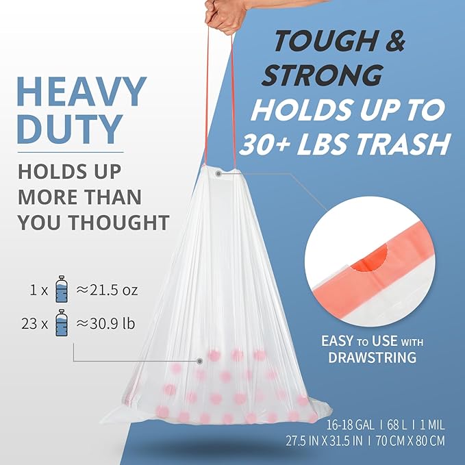 16-18 Gallon Trash Bags with Drawstring Clear Large Strong Trash Can Liners Heavy Duty Plastic Garbage Bags for Home Kitchen Office Lawn Commercial (105)