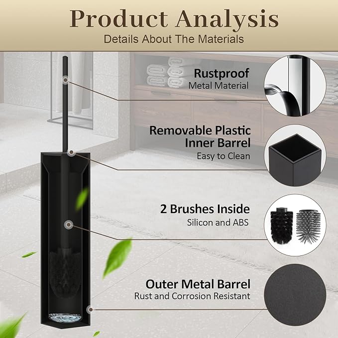 Toilet Brush and Holder Wall Mounted Black Aluminum with 2 Replaceable Heads Bathroom Toilet Brush Drill or 3M Adhesive Mount Removable Liner and Splash Guard Modern Square Design