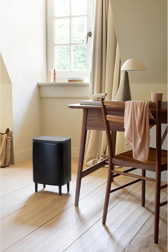 Brabantia Bo Small Lift-Open Trash Can with Raised Legs | 3.2 Gal / 12L | Matt Black | Free Standing Bedroom Bathroom Nursery Trash Can Removable Inner Bucket Non-Slip Feet | + Trash Bags