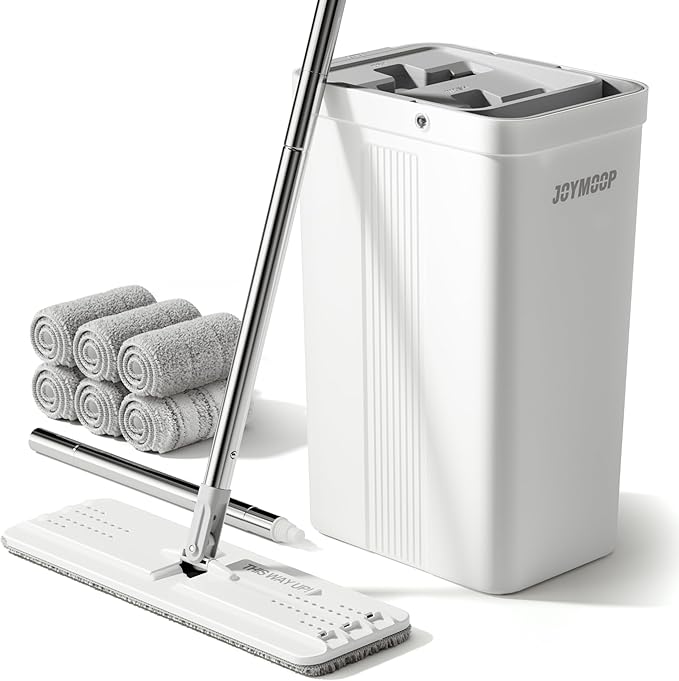 JOYMOOP Mop and Bucket Set with Wringer Flat Mops for Floor Cleaning Wall Mop Cleaner with Long Handle Hardwood Floor Mop with 6 Microfiber Pads