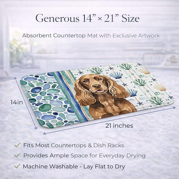 Caroline's Treasures Liver English Cocker Spaniel Coastal Sea Glass Dish Drying Mat Absorbent Dish Drying Mat Pad for Kitchen Counter Dish Drainer Mat for Countertop 14 x 21 Multicolor