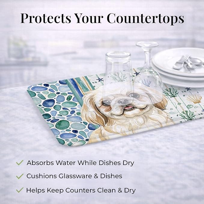 Caroline's Treasures Cream Pekingese Coastal Sea Glass Dish Drying Mat Absorbent Dish Drying Mat Pad for Kitchen Counter Dish Drainer Mat for Countertop 14 x 21 Multicolor