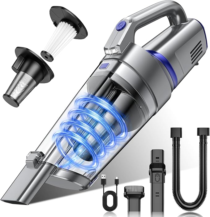 Handheld Vacuum Cordless 16000PA Strong Suction Hand Held Car Vacuum Cleaner Portable Hand Vacuum Rechargeable with Multi-Nozzles &amp LED Light for Home Car Office Pets