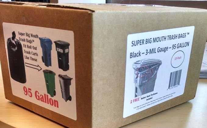 95 Gallon Super Big Mouth Trash Bags 10-Pack Plus 2 Free Rubber Tie Down Band