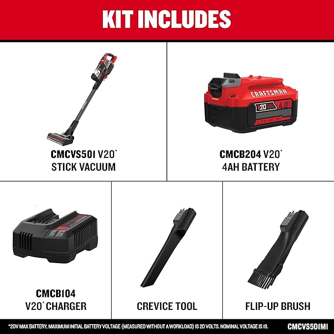 CRAFTSMAN V20 Stick Vacuum Cordless Rechargeable3 Speed Lightweight Powerful Suction Brushless Extended Runtime Battery and Charger Included (CMCVS501M1)