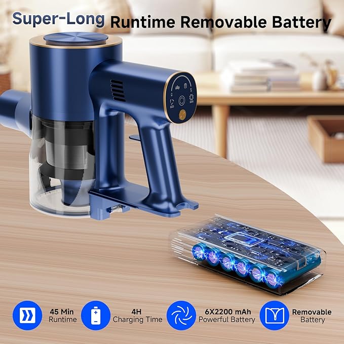 Cordless Stick Vacuum Cleaner - 45KPA Powerful Suction Vacuum with 45 Min Runtime Detachable Battery Anti-Tangle &amp 1.5L Dust Cup 8 in 1 Vacuum Cleaner for Pet Hair Carpet HardFloor Blue