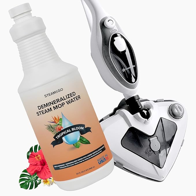Steam &amp Go - The Housekeeper Steam Cleaner For Floors &amp Demineralized Water Bundle 10-in-1 Hard Floor Cleaner Machine &amp Grout Steam Cleaner with Floor Cleaning Solution 32 oz Tropical B