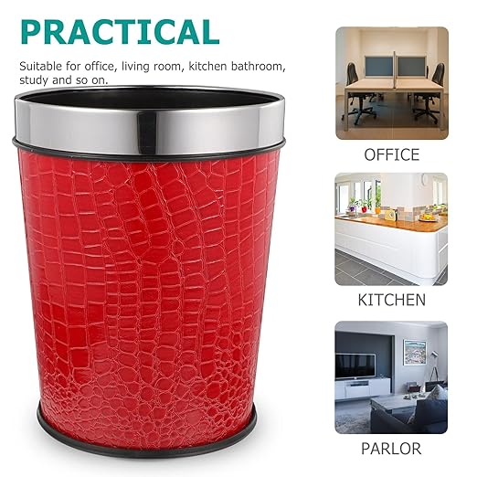 Pu Leather Trash Bin Office Trash Can Lidless Garbage Bin Toilet Paper Basket Sundries Container Recycling Bucket for Kitchen Office Bedroom 5l Red
