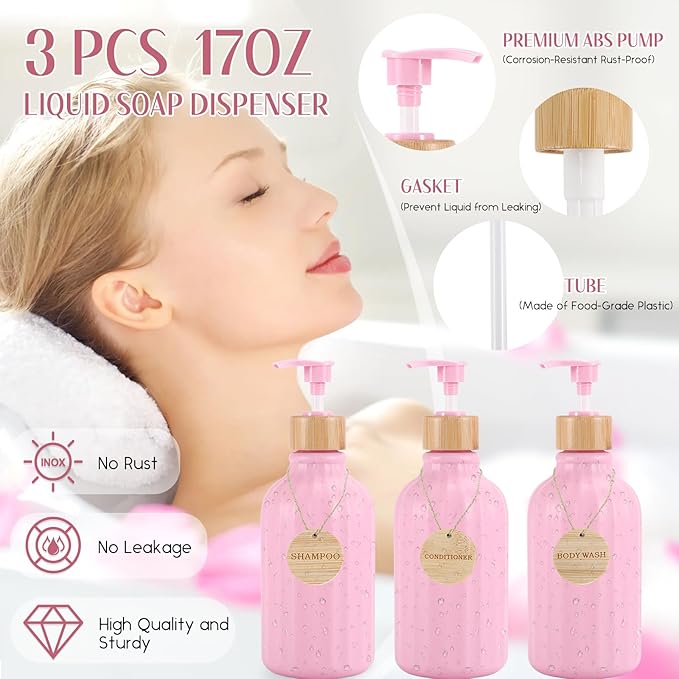 Bathroom AccessoriesBathroom Set with Shower CurtainRugsTrash CanLotion Soap DispenserToothbrush HolderSoap Dish Tags with Tray（Pink1 ）（Bath Set+Shower Curtain+Bath Rugs）