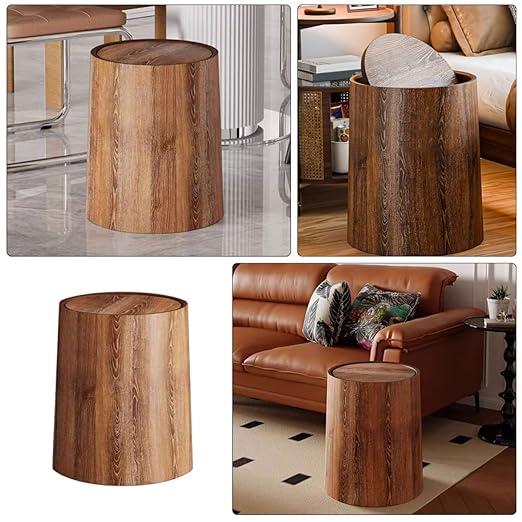 Garneck Large 15L Swing Lid Trash Bin Artificial Wood Grain Wastebasket Multipurpose Garbage Can for Home Bathroom Kitchen Office Use
