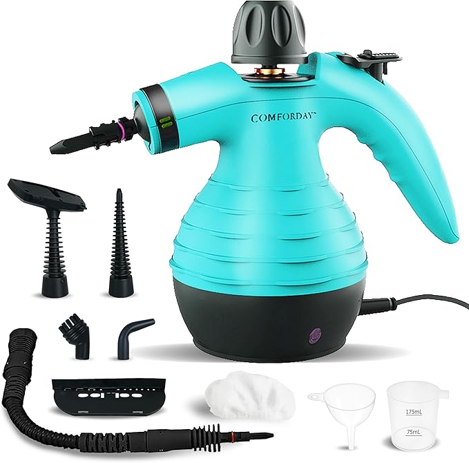 Comforday Multi-Purpose Handheld Pressurized Steam Cleaner with 9-Piece Accessories Handheld Steamer Perfect for Stain Removal Curtains Car Seats Floor Bathroom Window Cleaning (Light blue)