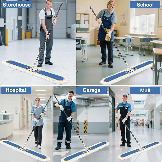 48 Commercial Industrial Dust Mop for Floor Cleaning Large Floor Dust Broom with Washable Mops Pads Wet Dry Duster Mops for Hardwood FloorsMarble Laminate Tile Concrete GarageBlue