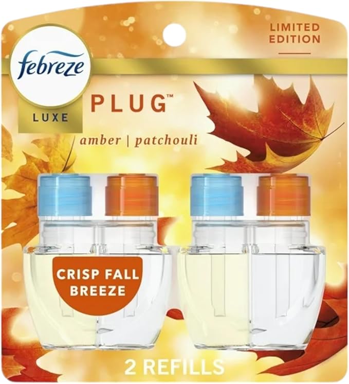 Febrezee Plug In Refills New Edition Plug In for Odor-Fighting Fade Defy PLUG Air Freshener (2) Count of 0.87 fl oz Refills (Crisp Fall Breeze)