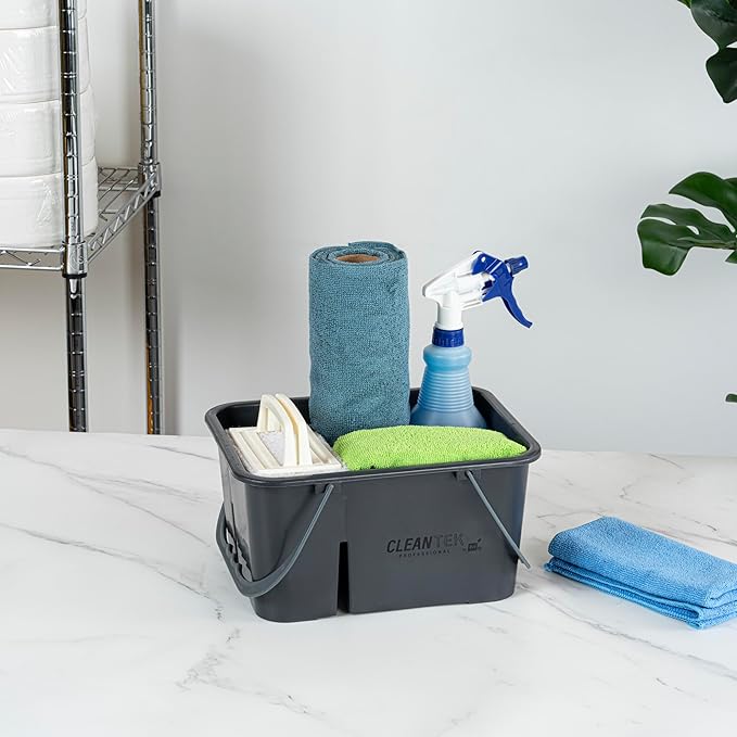 Restaurantware-Clean Tek Professional Cleaning Caddy 1 Cleaning Supply Caddy With Handle - 4 Compartment Multipurpose Gray Plastic All-Purpose For Bathroom Bedroom Kitchen Or Garden