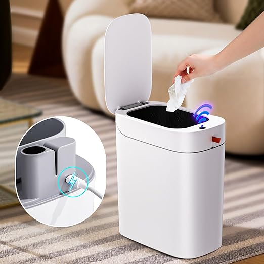 MOPUP Bathroom Trash Can Automatic Bagging Garbage Can 3.5 Gallon Slim Smart Small Plastic Trash Bin Narrow Motion Sensor Trash Can for Bedroom Office White
